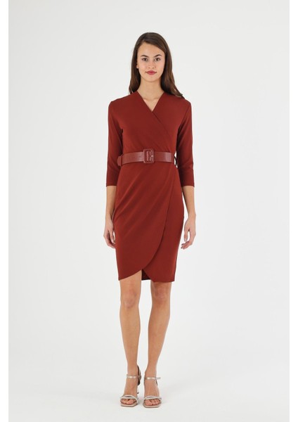 Kadın Kiremit Kruvaze Kemerli Midi Anvelop Elbise 3753-100 fırsatları