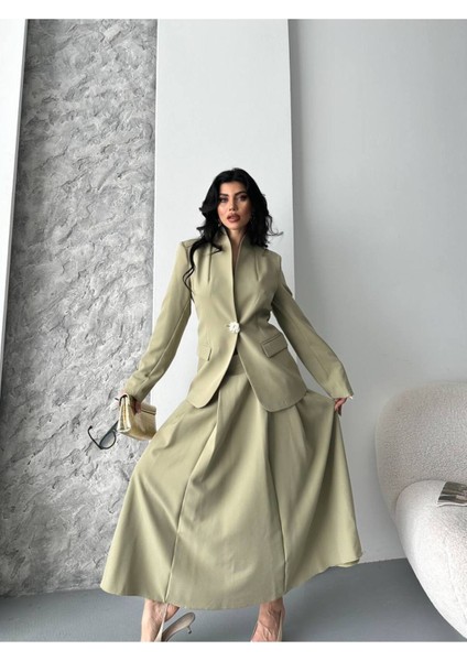 Kadın Gold Kurabiye Düğmeli Blazer Ceket Etek Takım Elbise