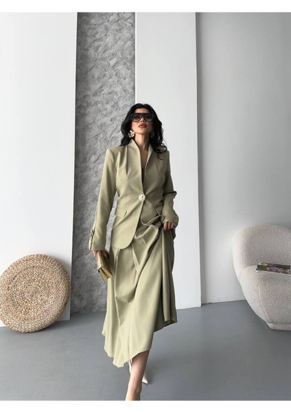 Kadın Gold Kurabiye Düğmeli Blazer Ceket Etek Takım Elbise modelleri