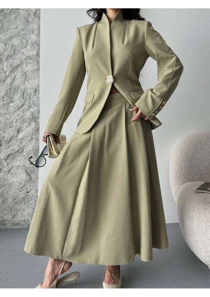 Kadın Gold Kurabiye Düğmeli Blazer Ceket Etek Takım Elbise