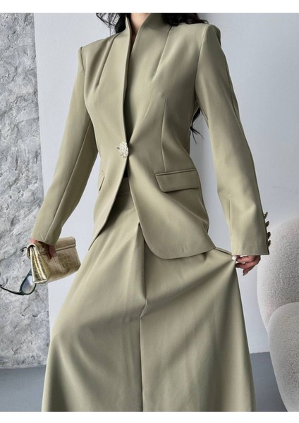 Kadın Gold Kurabiye Düğmeli Blazer Ceket Etek Takım Elbise