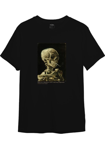 Skull Of A Skeleton With Burning Cigarette Tişört - Siyah