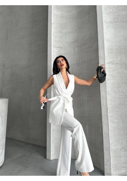 Kadın Şal Yaka Kuşaklı Yelekli Palazzo Pantolonlu Takım Elbise modelleri