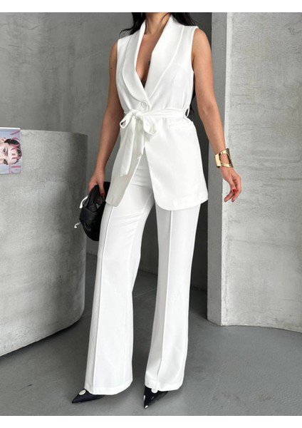 Kadın Şal Yaka Kuşaklı Yelekli Palazzo Pantolonlu Takım Elbise indirimleri