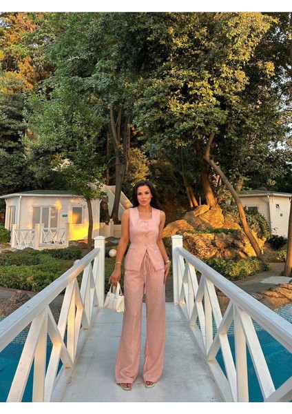 Kadın Düğmeli Yelek Palazzo Pantolon Kare Yaka Keten Takım