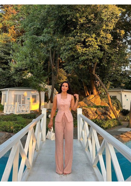 Kadın Düğmeli Yelek Palazzo Pantolon Kare Yaka Keten Takım fiyatları