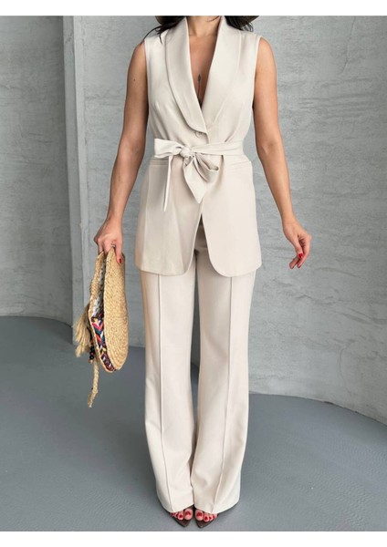 Kadın Şal Yaka Kuşaklı Yelekli Palazzo Pantolonlu Takım Elbise