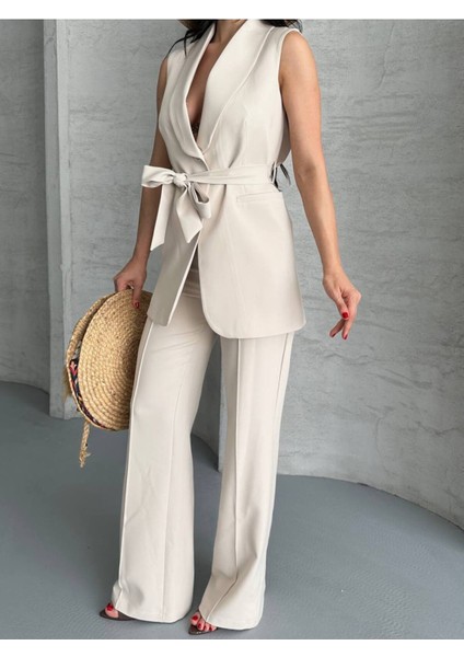 Kadın Şal Yaka Kuşaklı Yelekli Palazzo Pantolonlu Takım Elbise