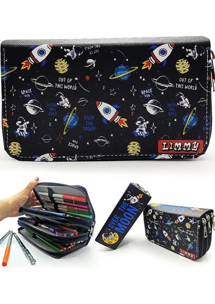 Kalem Kutusu Astronot Uzay Galaksi Kawai Organizer Kalemkutu Vegan Deri Üç Bölmeli Kalemlik -Siyah, Limmy