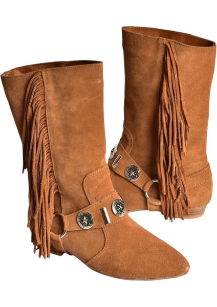 V380625502 Taba Süet Püskül Detaylı Kadın Bot