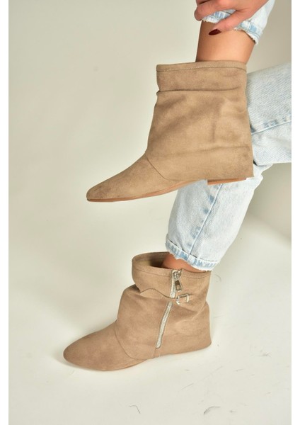 V380518102 Vizon Süet Düz Taban Fermuar Detaylı Kadın Bot