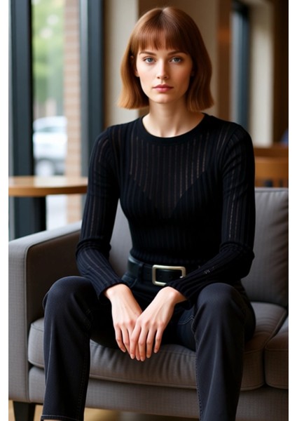 Kadın Moda Şık Regular Bisiklet Yaka Regular Kalıp Örme Transparan Triko Görünümlü Kumaş Boy Bluz