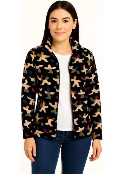 Kadın Tam Fermuarlı Desenli Polar Sweat – Siyah Multicolor Figür Desen Yakalı, Uzun Kollu, Oversize Rahat Kalıp - Siyah