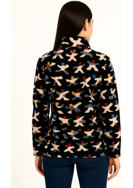 Kadın Tam Fermuarlı Desenli Polar Sweat – Siyah Multicolor Figür Desen Yakalı, Uzun Kollu, Oversize Rahat Kalıp - Siyah fiyatları