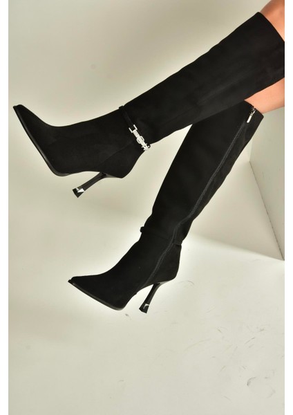 V820330002 Siyah Süet Ince Topuklu Kadın Çizme