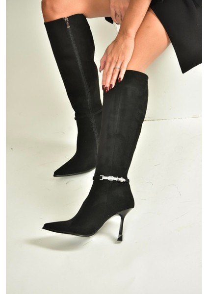 V820330002 Siyah Süet Ince Topuklu Kadın Çizme fiyatları