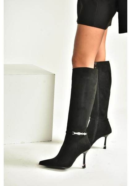 V820330002 Siyah Süet Ince Topuklu Kadın Çizme modelleri