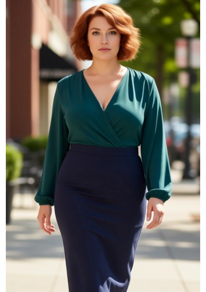 Kadın Lacivert Kruvaze Yaka Balon Kol Detaylı Düz Desenli Smart Bluz Ilkbahar Sonbahar Kullanımı