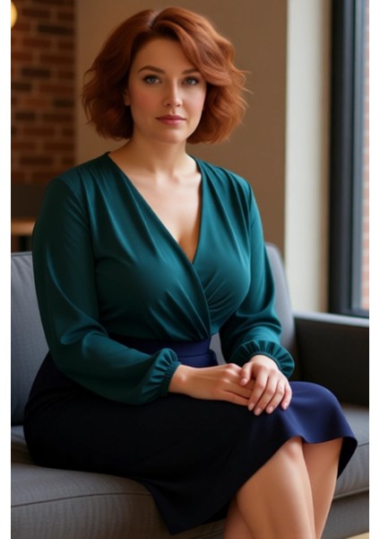 Kadın Lacivert Kruvaze Yaka Balon Kol Detaylı Düz Desenli Smart Bluz Ilkbahar Sonbahar Kullanımı fiyatları