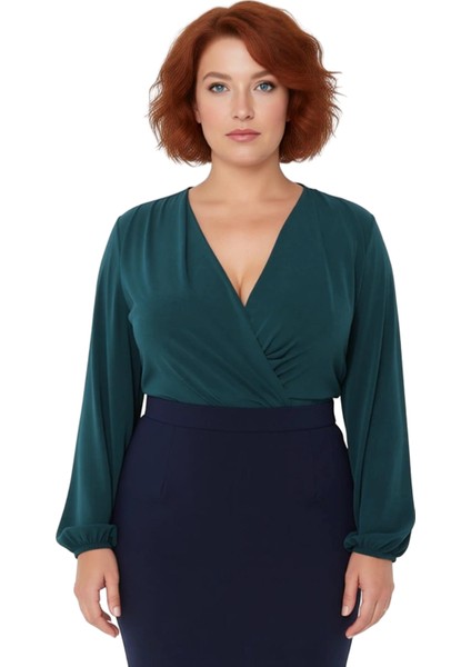 Kadın Lacivert Kruvaze Yaka Balon Kol Detaylı Düz Desenli Smart Bluz Ilkbahar Sonbahar Kullanımı modelleri