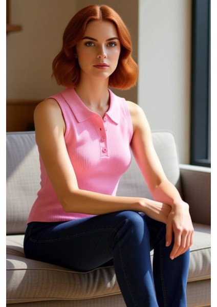 Regular Fit Akrilik Triko Bluz Polo Yaka Kolsuz Rahat ve Şık Görünüm