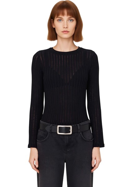 Kadın Moda Şık Regular Bisiklet Yaka Regular Kalıp Örme Transparan Triko Görünümlü Kumaş Boy Bluz fiyatları