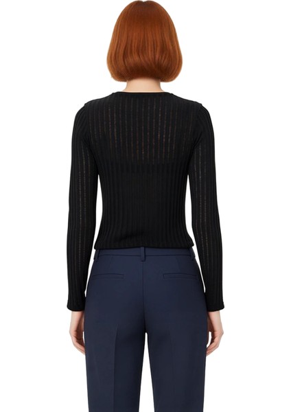 Kadın Moda Şık Regular Bisiklet Yaka Regular Kalıp Örme Transparan Triko Görünümlü Kumaş Boy Bluz modelleri