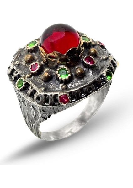 Yuvarlak Yakut Zümrüt Taşlı Otantik Gümüş Kadın Yüzük