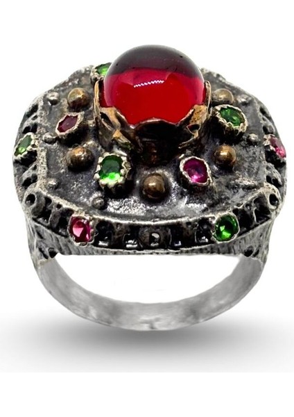 Yuvarlak Yakut Zümrüt Taşlı Otantik Gümüş Kadın Yüzük fiyatları