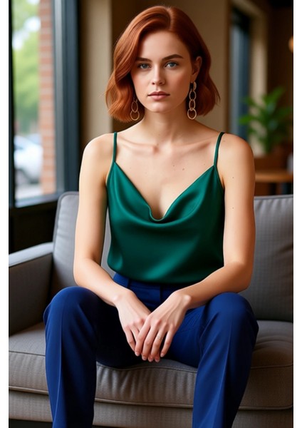 Moda Degaje Yaka Dokuma Regular Düz Desen Casual Günlük Regular Askılı Kol Bluz