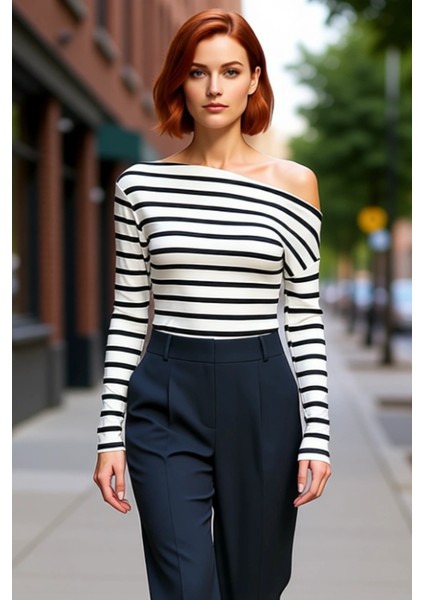 Moda Kayık Yaka Örme Slim Çizgili Desen Casual Günlük Regular Uzun Kol Bluz modelleri