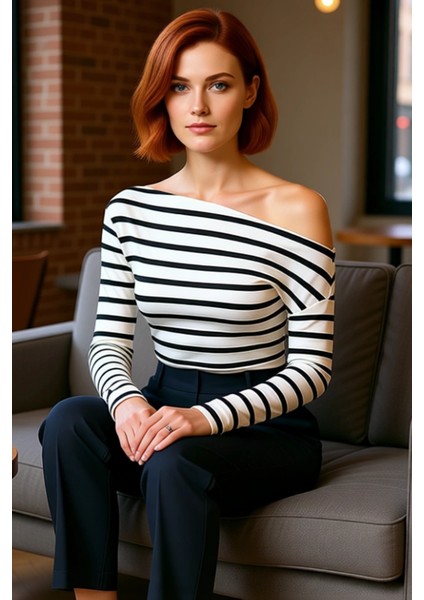 Moda Kayık Yaka Örme Slim Çizgili Desen Casual Günlük Regular Uzun Kol Bluz fırsatları