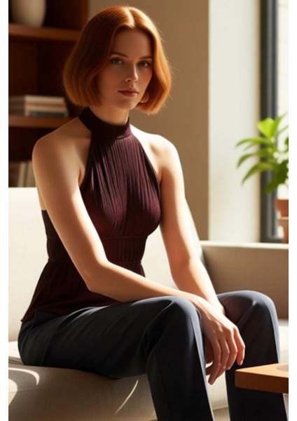 Kadın Yarım Astarlı Halter Yaka Dokulu Üst Kaliteli Şık Rahat Modern Zarif Günlük