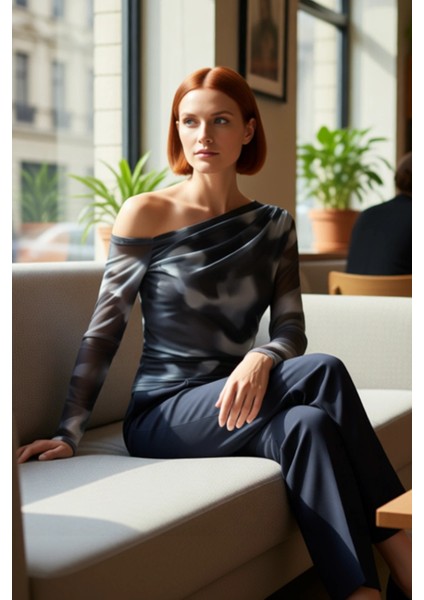 Kadın Moda Şık Üst Giyim Regular Asimetrik Yaka Düşük Kol Slim Kalıp Örme Siyah Tül Astarlı Bluz