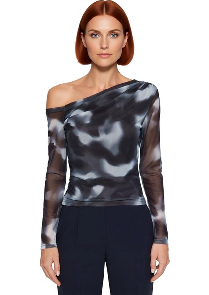 Kadın Moda Şık Üst Giyim Regular Asimetrik Yaka Düşük Kol Slim Kalıp Örme Siyah Tül Astarlı Bluz fiyatları