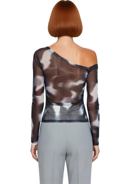 Kadın Moda Şık Üst Giyim Regular Asimetrik Yaka Düşük Kol Slim Kalıp Örme Siyah Tül Astarlı Bluz modelleri