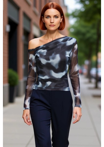 Kadın Moda Şık Üst Giyim Regular Asimetrik Yaka Düşük Kol Slim Kalıp Örme Siyah Tül Astarlı Bluz fırsatları