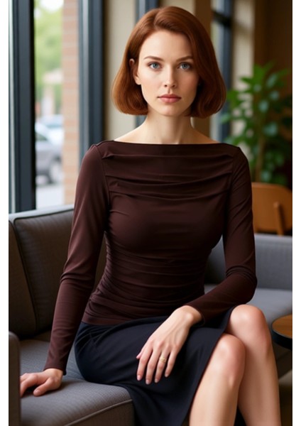 Kadın Moda Şık Üst Giyim Regular Kayık Yaka Slim Kalıp Örme Drapeli Vücuda Oturan Esnek Bluz