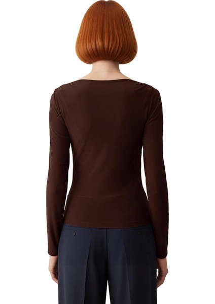 Kadın Moda Şık Üst Giyim Regular Kayık Yaka Slim Kalıp Örme Drapeli Vücuda Oturan Esnek Bluz modelleri