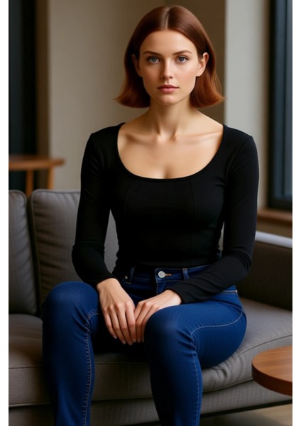 Kadın Regular Havuz Yaka Ispanyol Kol Slim Kalıp Örme Fitted Vücuda Oturan Dikiş Detaylı Esnek Bluz