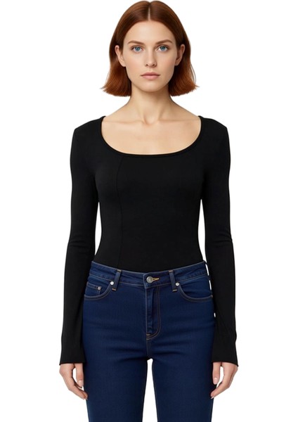 Kadın Regular Havuz Yaka Ispanyol Kol Slim Kalıp Örme Fitted Vücuda Oturan Dikiş Detaylı Esnek Bluz fiyatları