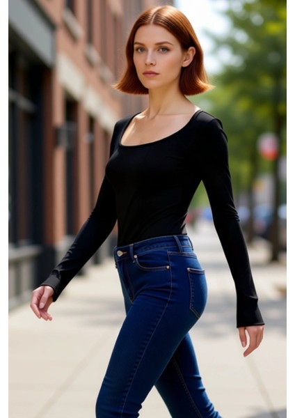 Kadın Regular Havuz Yaka Ispanyol Kol Slim Kalıp Örme Fitted Vücuda Oturan Dikiş Detaylı Esnek Bluz fırsatları