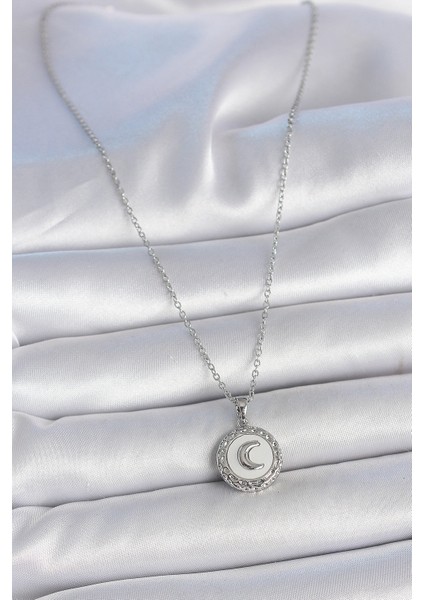 316L Çelik Gümüş Renk Zincir Beyaz Mineli Hilal Işlemeli Madalyon Model Kadın Kolye - Lisinya fiyatları