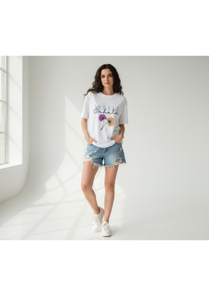 Inhale Exhale Oversize T-Shirt – Nefes Gibi Hafif Stil %100 Pamuklu Beyaz