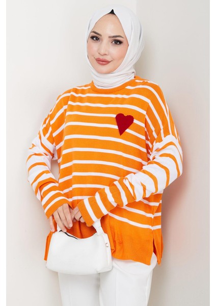 Kalp Aplikeli Çizgili Kazak Turuncu HM2617