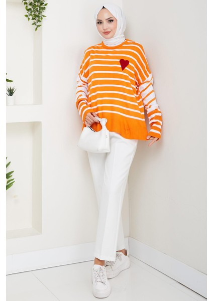 Kalp Aplikeli Çizgili Kazak Turuncu HM2617 fiyatları