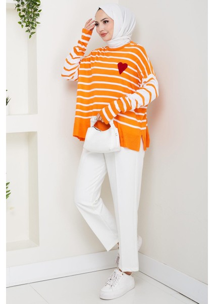 Kalp Aplikeli Çizgili Kazak Turuncu HM2617 modelleri