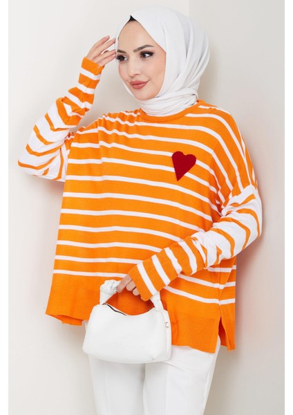 Kalp Aplikeli Çizgili Kazak Turuncu HM2617 fırsatları