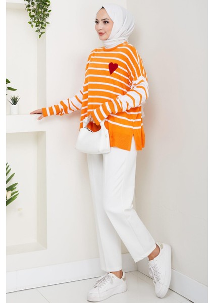 Kalp Aplikeli Çizgili Kazak Turuncu HM2617 indirimleri