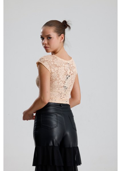 Dantel Transparan Kısa Kollu Bluz | BUST35379 indirimleri
